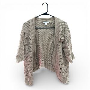 Christopher & Banks Taupe Open-Knit Cardigan W/ Floral Detailing Medium